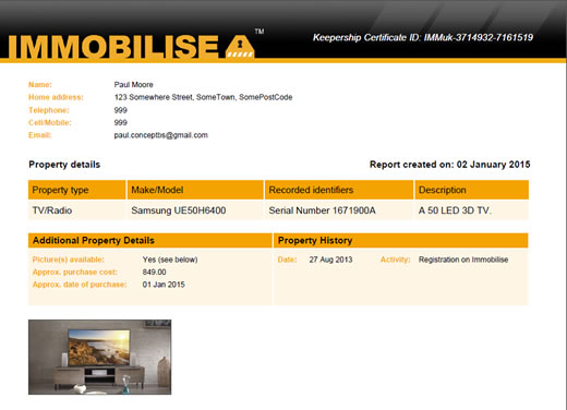 Example of Immobilise Certificate